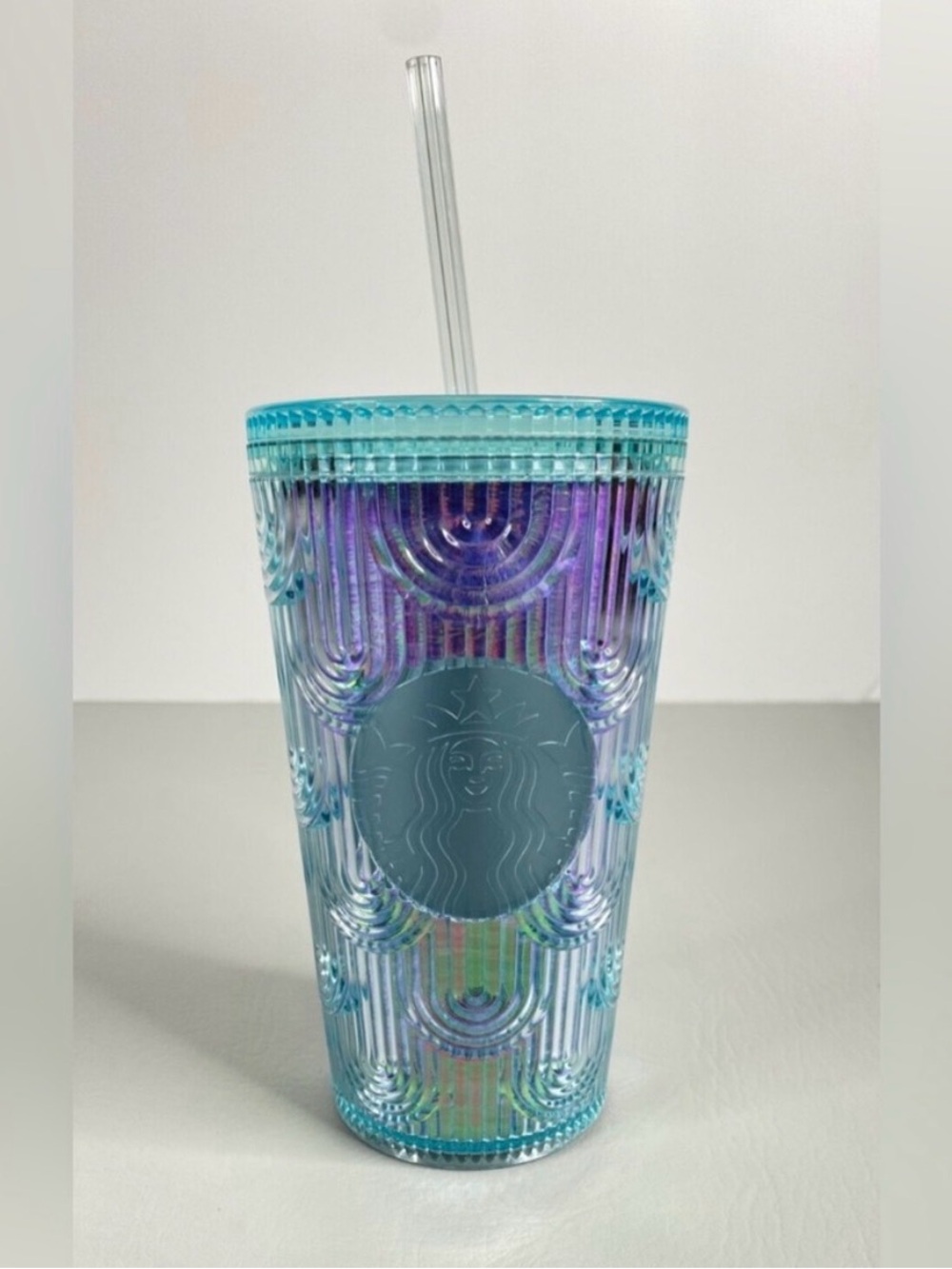 New Starbucks 16oz Textured Aqua Iridescent Reusable Tumbler Cup w/ Lid & Straw